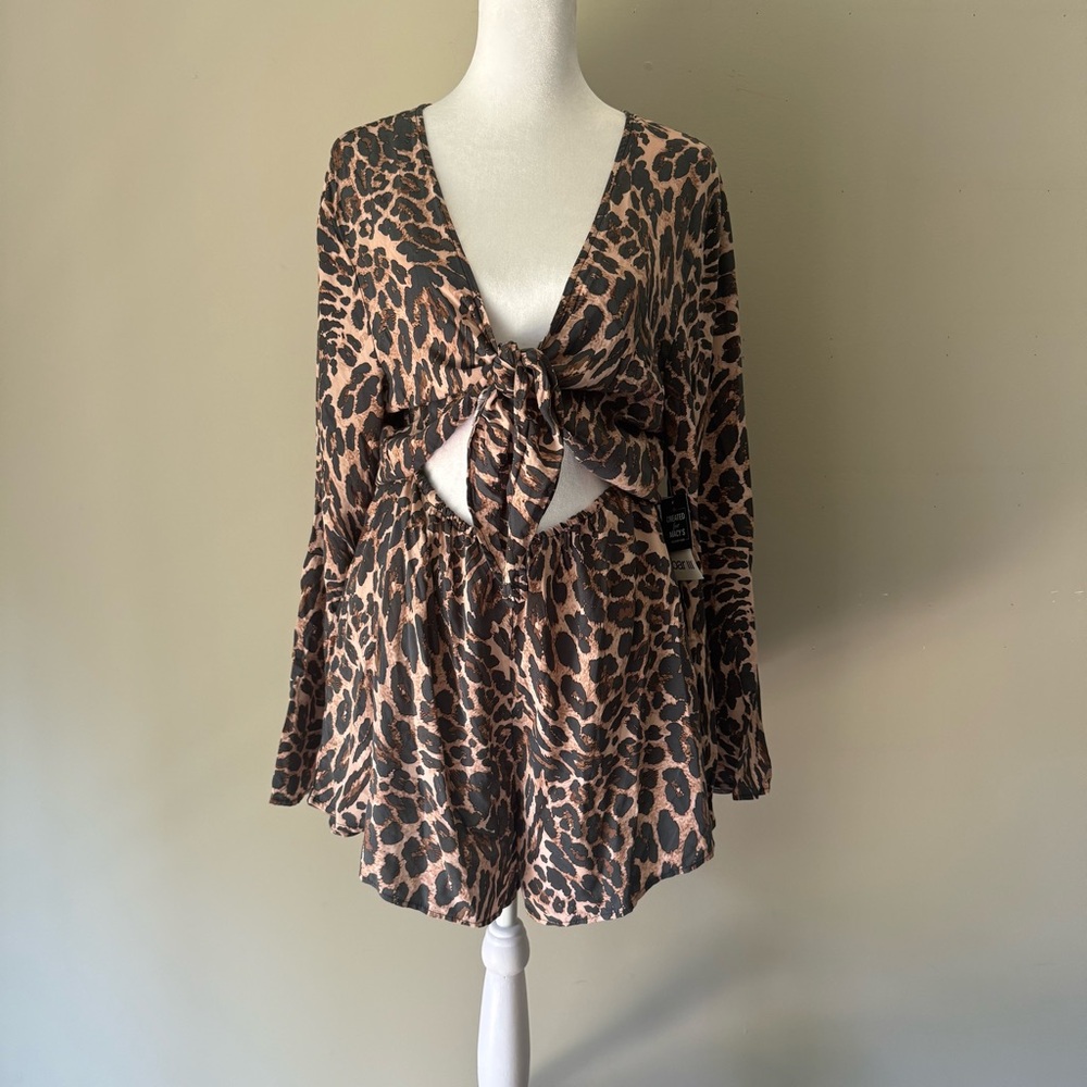 Cheetah Print and Bell Sleeve Beach Cover Up Romper